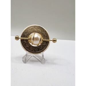 Atomic Mod Faux Pearl Brooch Gold Tone Geometric Vintage Style Pin